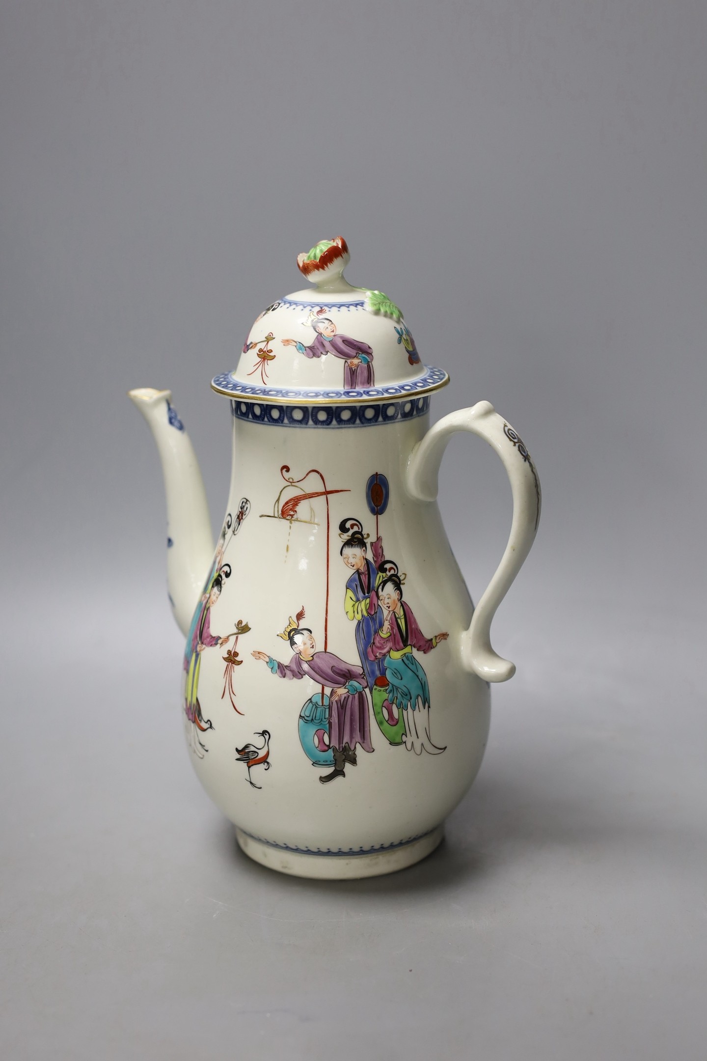 A Worcester coffee pot and cover painted with oriental figures in various pursuits circa 1772, 24cm high.